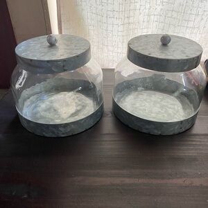 Set of Two Gray Metal and Glass Canisters